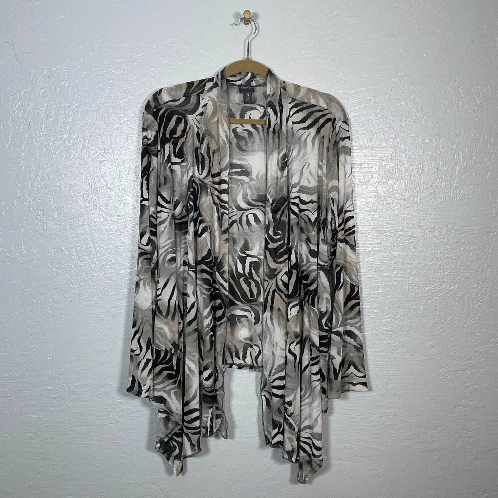 Chicos Women 3 XL White Black Gold Sheer Cardigan Tiger Animal Print Open Front